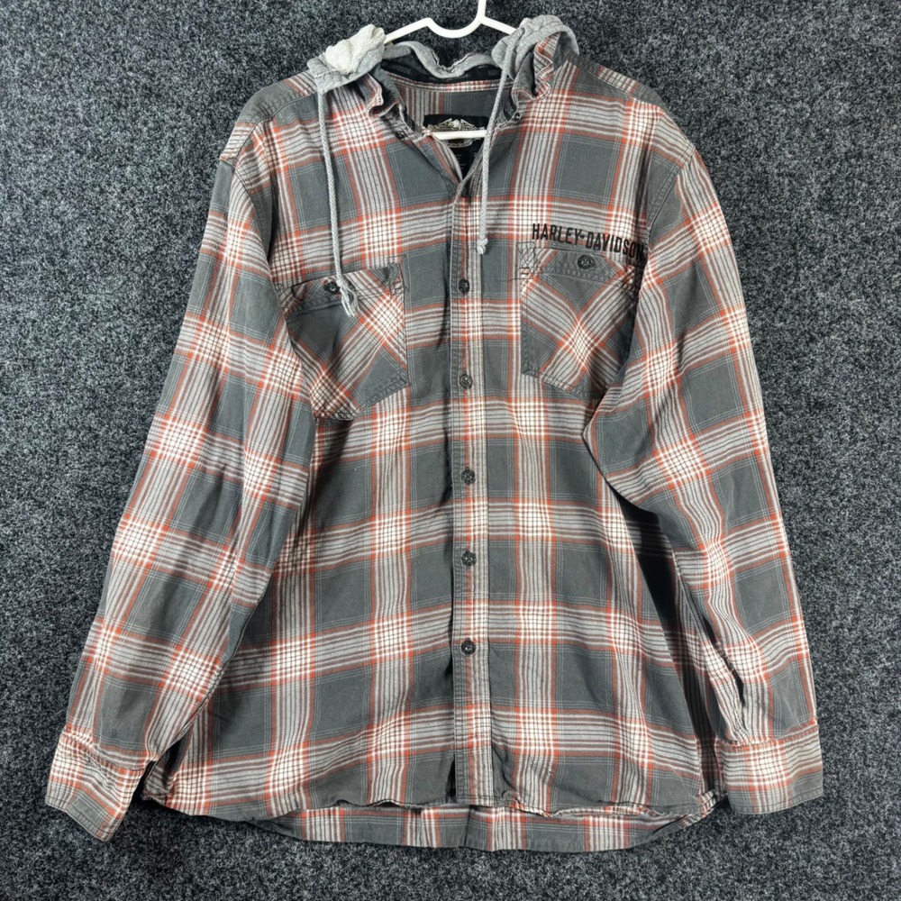 Harley-Davidson Mens 2XL Plaid Hooded Flannel Shirt Grey Orange Long Sleeve Logo